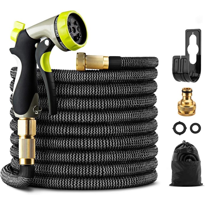 Разтегателен градински маркуч 15м, 8 режима на поливане, месингови конектори, против усукване