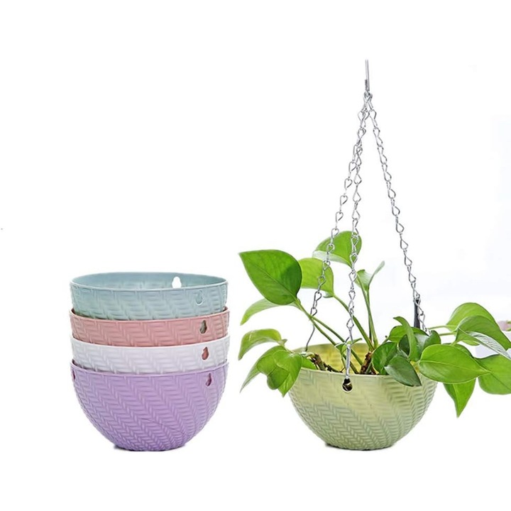 Jardiniere suspendate Set de 5 ghivece pentru plantare sau depozitare pentru interior, exterior, plante suculente sau plante de apa Jardiniere de gradina pentru plante, recipient cu ghiveci cu auto-udare - cu lant (5 culori)