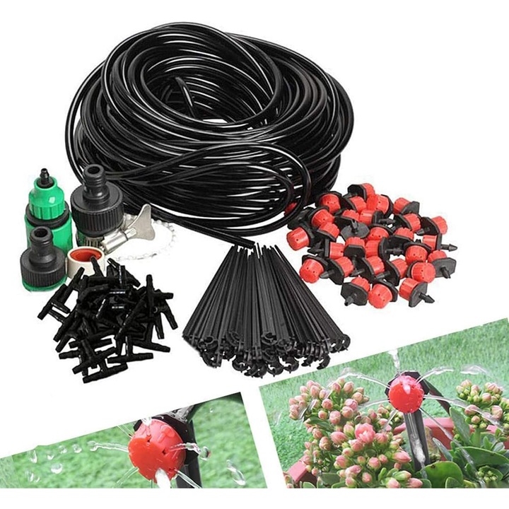 Set sistem de irigare prin picurare, 25m furtun, 30 picuratori ajustabili, negru, 20x30x7cm