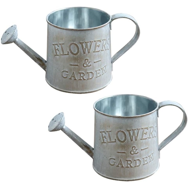 Vaza decorativa vintage, set 2 bucati, design ferma, galvanizata, pentru birou sau balcon