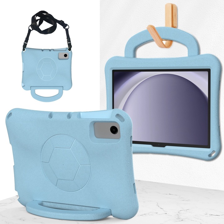 Husa tableta compatibila cu Samsung Galaxy Tab A9+, EVA rezistent la socuri, cu maner in forma de fotbal, albastru deschis