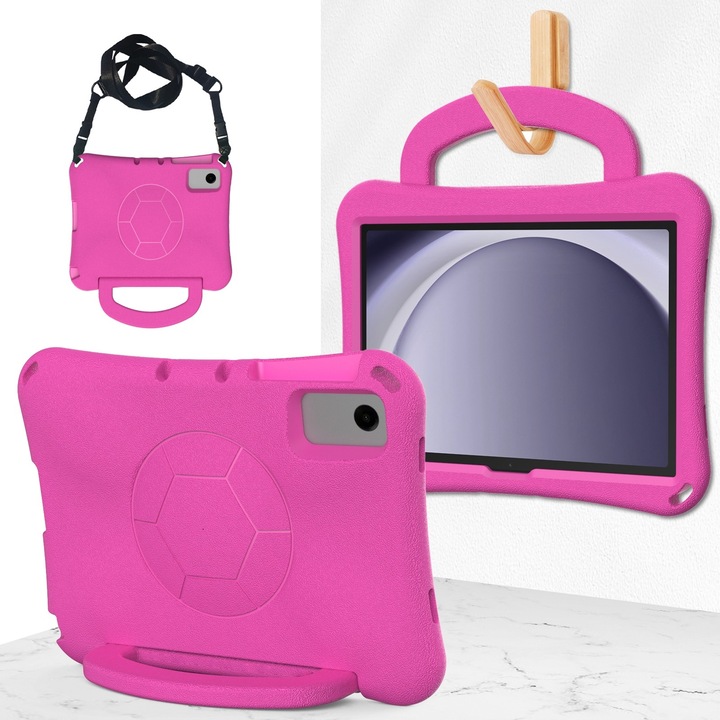 Husa tableta compatibila cu Samsung Galaxy Tab A9+, material EVA rezistent la socuri, design in forma de minge de fotbal, roz