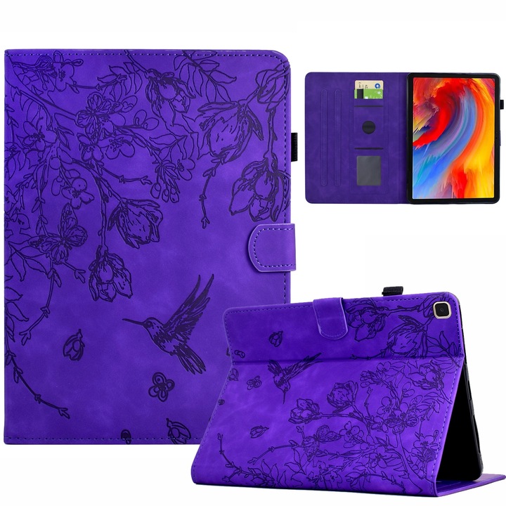 Husa tableta compatibila cu Samsung Galaxy Tab S5e T720, piele smart cu imprimare cu flori si pasari, violet