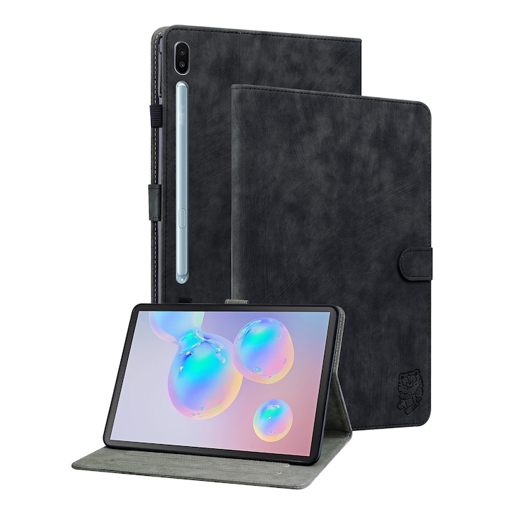 Husa tableta compatibila cu Samsung Galaxy Tab S6, model SM-T860/T865, din piele cu model de tigru, fara pen, negru