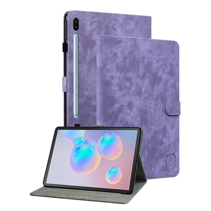 Husa tableta compatibila cu Samsung Galaxy Tab S6 SM-T860/T865, model tigru, flip din piele, fara penar, mov