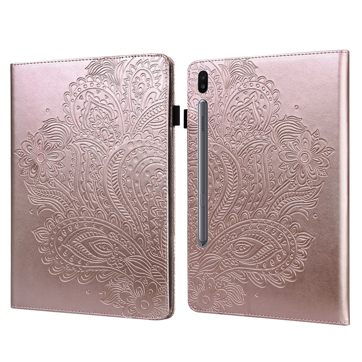 Husa tableta compatibila cu Samsung Galaxy Tab S6 T860, piele cu model embosat de paun, roz aurie