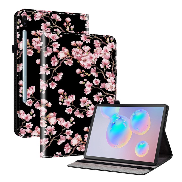 Husa tableta compatibila cu Samsung Galaxy Tab S6, piele texturata pictata, smart, fara stilou, Pruna de primavara