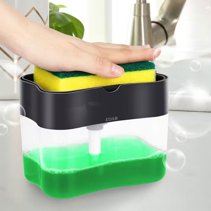 Dispenser Detergent Vase Sau Sapun Lichid EDAR, Pentru Baie/Bucatarie, Dozator Cu Recipient Si Suport Burete, Lavabil, Reutilizabil, Pompita, 380 Ml, Negru/Transparent