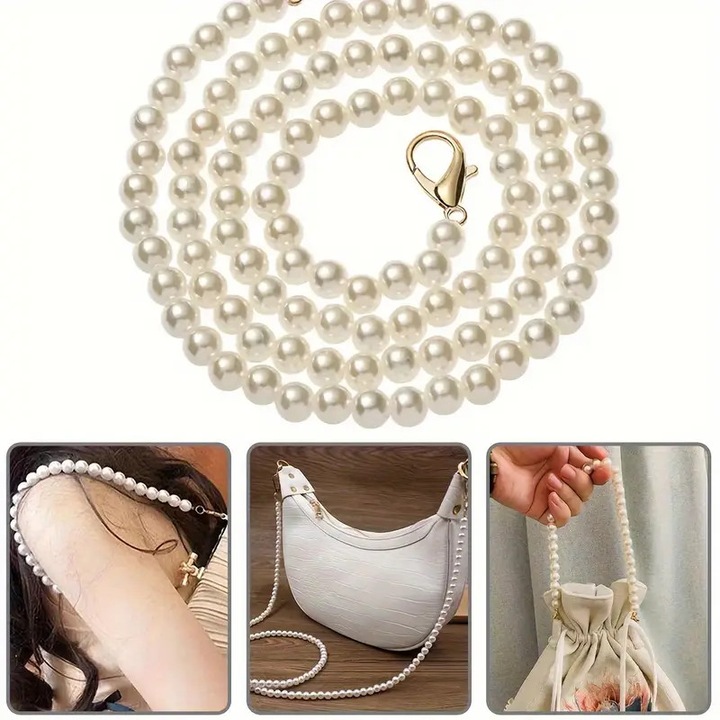 SZETT Vállfogantyú 120 cm FAUX PEARLS elefántcsont színű természetes gyöngyből és 2 arany fém karabinerből lánc típusú pánt táskához DIVA kollekció női univerzális ideális ajándék, CADOLUX