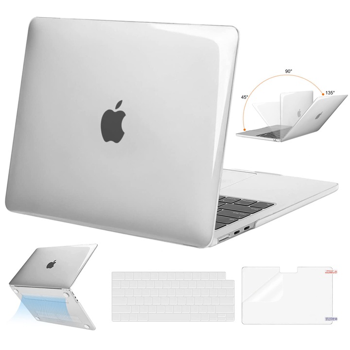 EXCITAT® keménytok MacBook Air 13.6"-os (A2681 / A3113 / A3240) készülékhez – átlátszó tok billentyűzetvédővel és képernyővédő fóliával, Touch ID kompatibilis, M2 / M3 2022-2024-hez