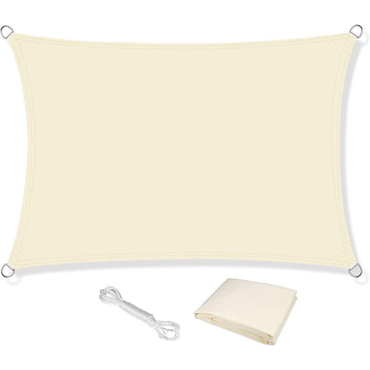 Panza de umbra 2.5 x 3 m, polietilena de inalta densitate 120 g/m², impermeabila, protectie UV 98% si umbrire 90%, dublu cusut cu inele din otel inoxidabil si 4 corzi, crem