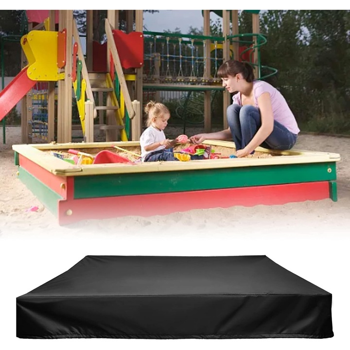 Homokozó takaró húzózsinórral, Homokozó ponyva, 420D Oxford, 120x120cm, Vízálló és porálló védőponyva homokozóhoz, medencéhez, kerthez (120, Fekete)