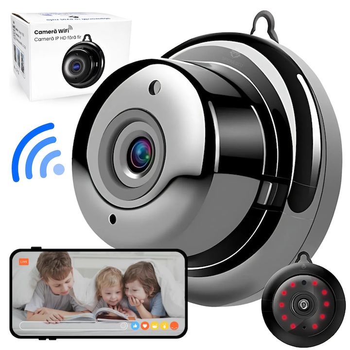 Mini camera de supraveghere WiFi 1080P, viziune nocturna, detectie miscare, audio bidirectional, hotspot AP, control prin aplicatie, negru - Fara memorie