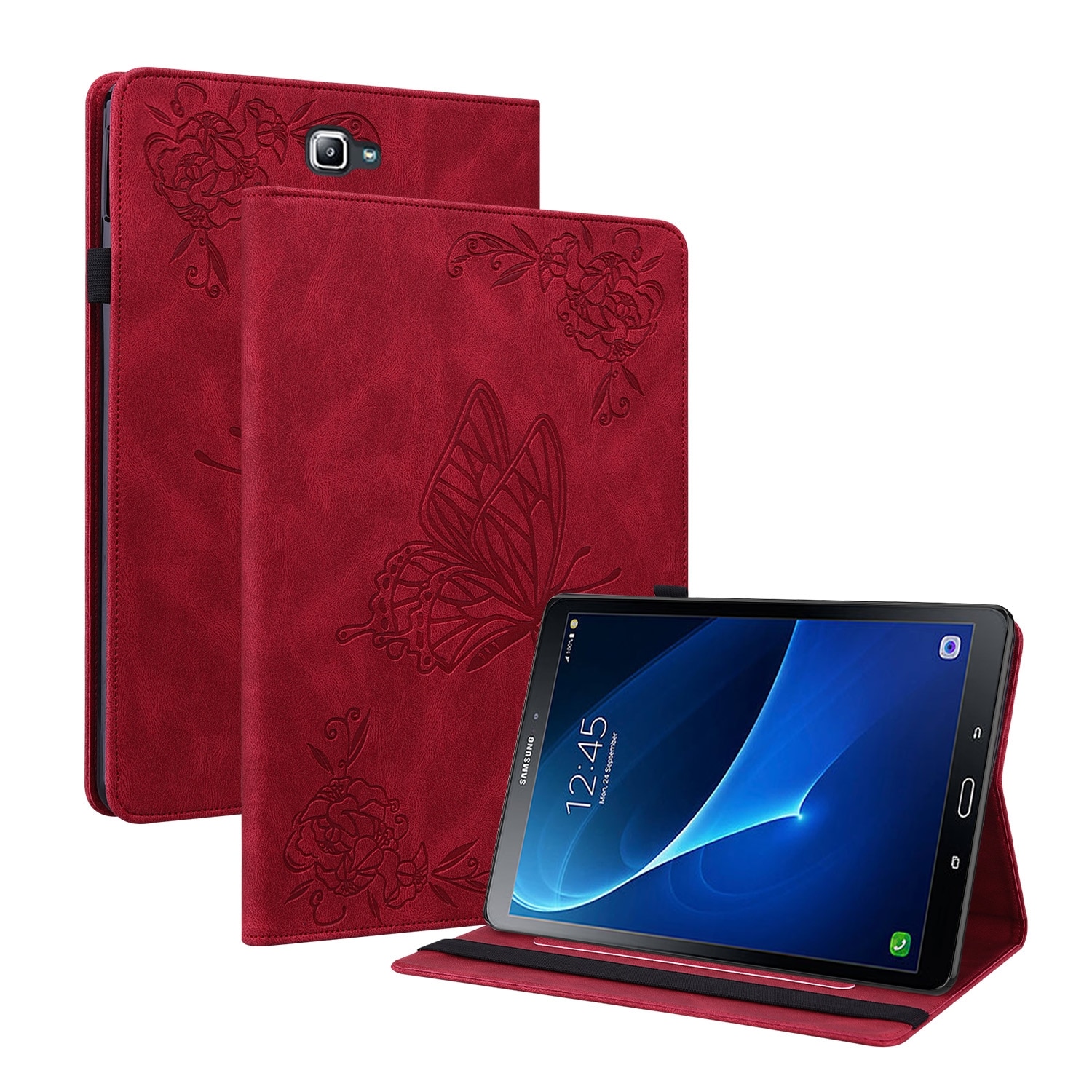Husa tableta compatibila cu Samsung Galaxy Tab A 10.1 2016/T580/T585, piele embosata cu flori de fluture, rosu
