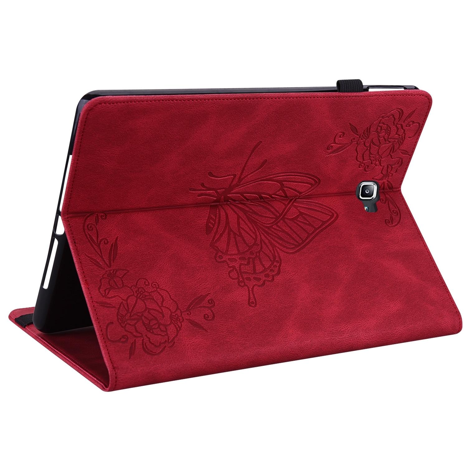 Husa tableta compatibila cu Samsung Galaxy Tab A 10.1 2016/T580/T585, piele embosata cu flori de fluture, rosu