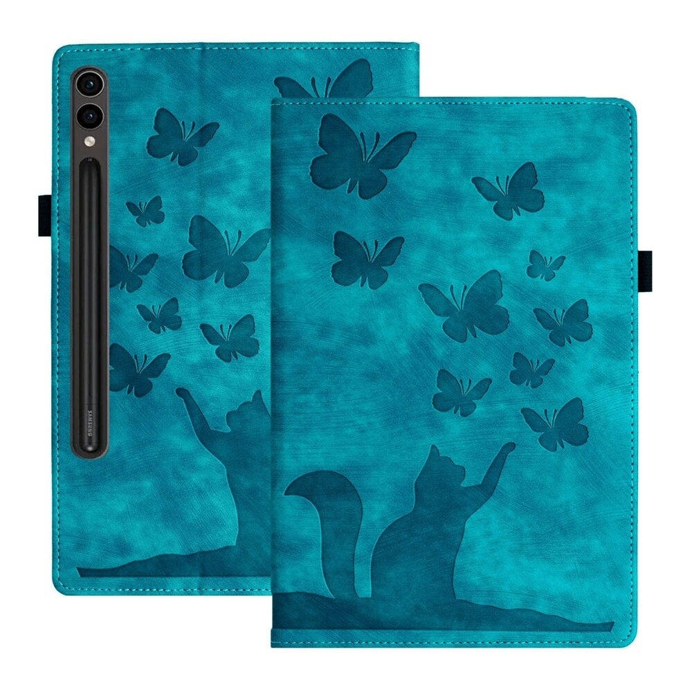 Husa tableta compatibila cu Samsung Galaxy Tab S9 FE / S9 / S8, piele cu model de fluturasi si pisici, albastru cer