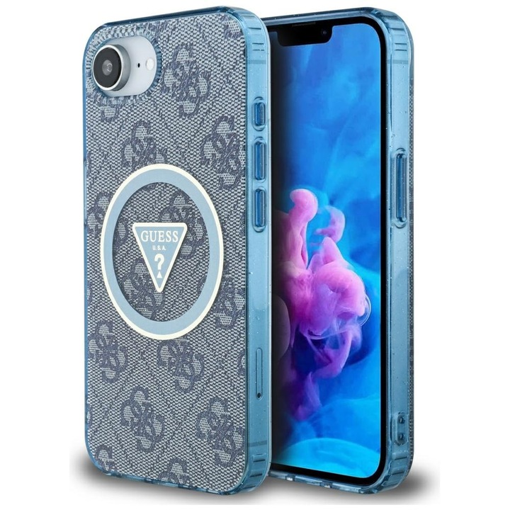 Husa hardcase Guess IML Metal Glitter 4G Circle Triangle MagSafe, albastru, pentru iPhone 16e