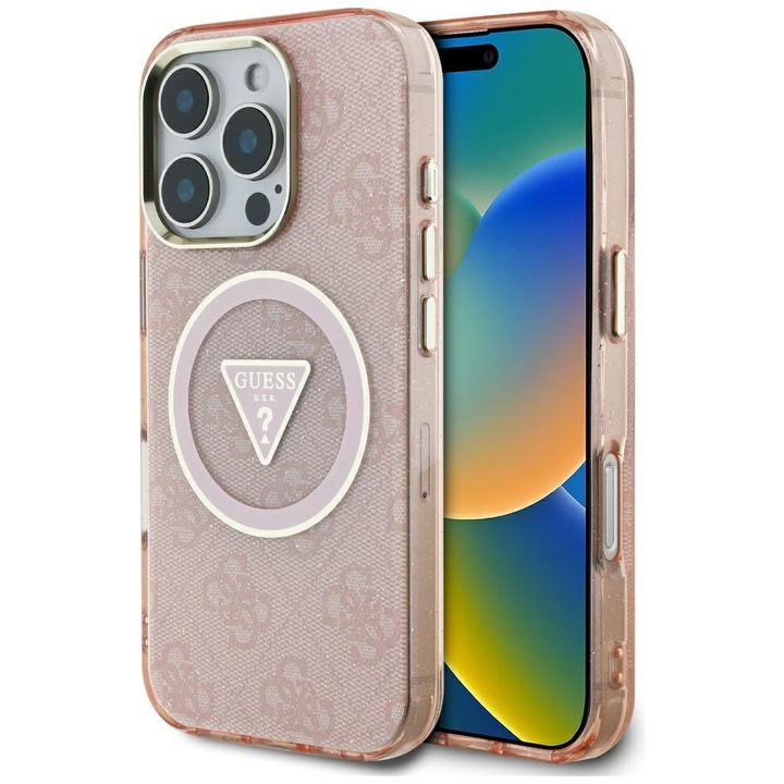 Премиум калъф за iPhone 16 Pro, съвместим с MagSafe Guess Luxury Series - розов