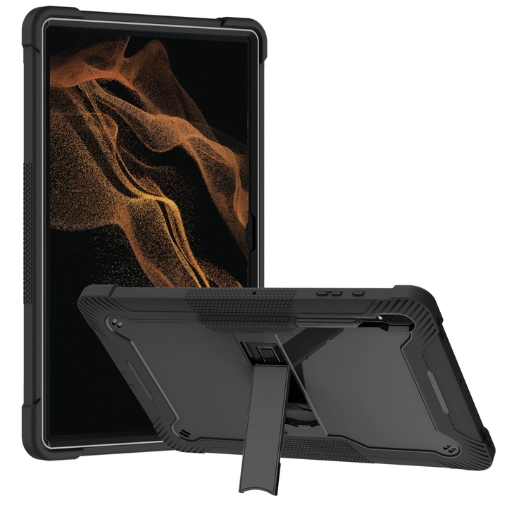 Husa tableta compatibila cu Samsung Galaxy Tab S9 Ultra, silicon + PC, protectie la socuri, negru
