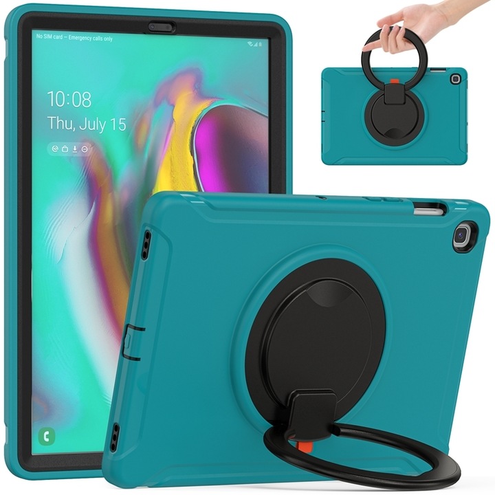 Husa tableta compatibila cu Samsung Galaxy Tab S5e T720 10.5 inch, protectie la socuri TPU + PC, cu maner pliabil cu rotire 360 grade si slot pentru pix, Albastru