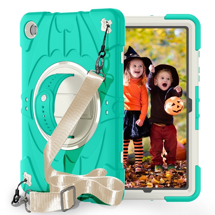 Husa tableta compatibila cu Samsung Galaxy Tab A9+, cu suport rotativ si mana, de culoare verde menta si alb