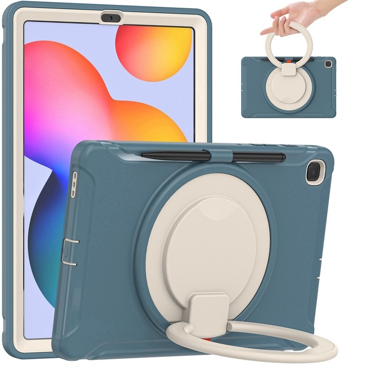 Husa tableta compatibila cu Samsung Galaxy Tab S6 Lite, TPU + PC, cu maner pliabil cu rotire 360°, suport pentru stilou, albastru cornflower