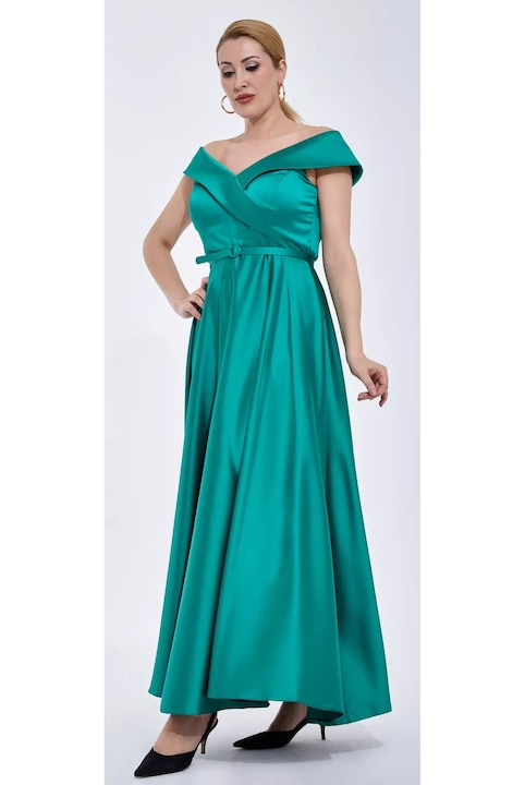 Rochie eleganta maxi verde fara maneci din satin Dalia, Verde