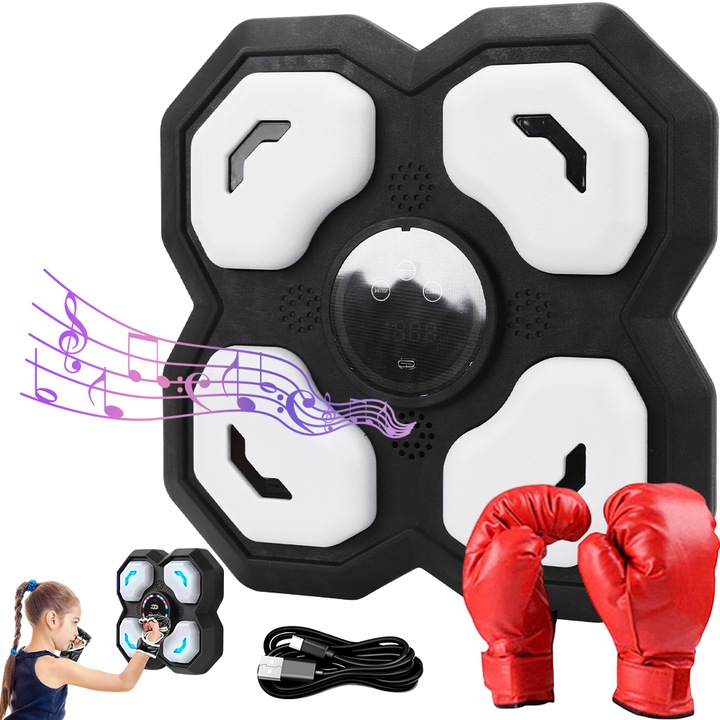 Aparat de box muzical cu Bluetooth pentru copii, Set masina de box cu manusi, Box Muzical Inteligent, Conexiune Bluetooth, dispozitive sportive inteligente cu muzica de tip Punch, Afisaj LED, 9 moduri de antrenament, pentru incepatori, negru si alb