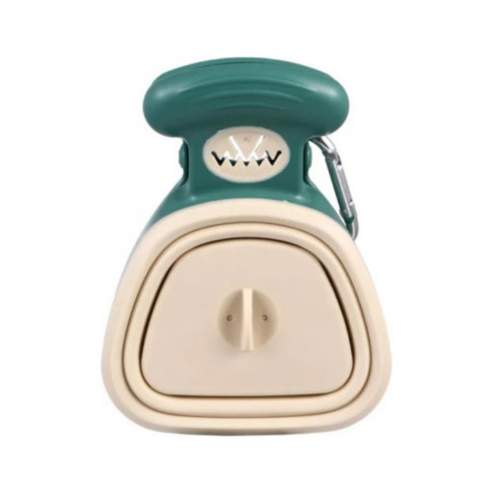 Lopatica tip cleste pentru adunat excremente / fecale de caini cu pungi de unica folosinta, atasabila la lesa sau zgarda, 18 cm x 15 cm, Verde Bej