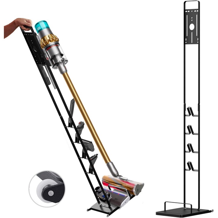 Suport Premium Pentru Aspirator Dyson, Bedee, Gen5 V15s V15 V11 V10 V8 V7 V6, Montaj Fara Gauri in Pereti, Instalare Rapida, Constructie Stabila, Economisire Spatiu, Fund cu roti, 127x27.5x20.5 cm, Negru