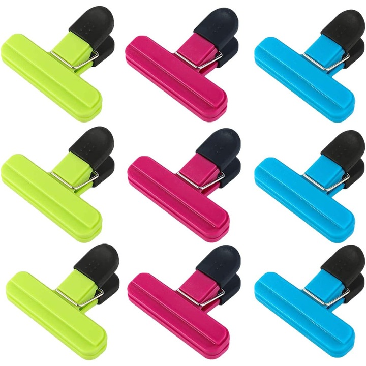 Set 9 clips din plastic pentru pungi alimentare, 7.7cm, culori asortate
