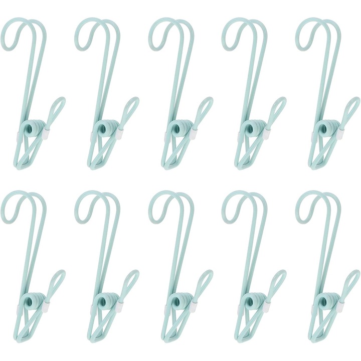 Set 10 Clips Uscare Rufe cu Carlig, Accesorii Uscatoare Rufe, Plastic, Verde