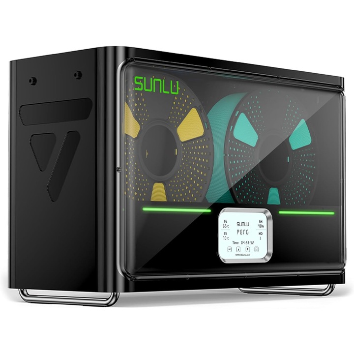 Uscator filament S4 SUNLU, 458 x 218 x 312 mm, model 2025, pentru 4 role, cu 3 ventilatoare, control umiditate, incalzire rapida, compensare a temperaturii, culoare negru