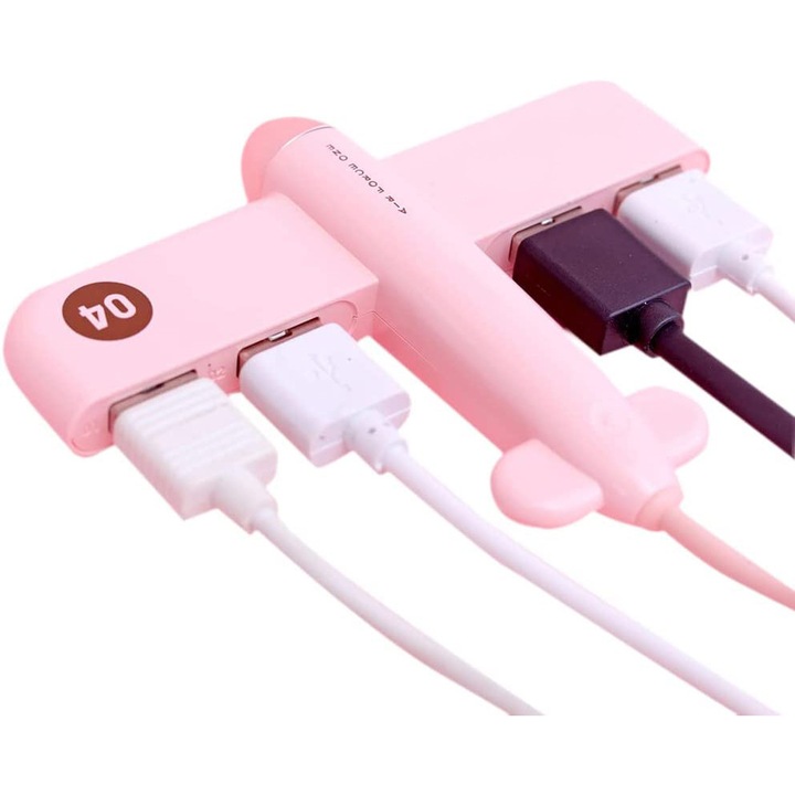 4 portos USB elosztó, érdekes asztali kiegészítők, 1 méteres hosszabbító kábel, rózsaszín