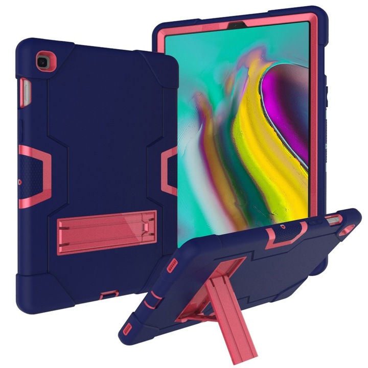 Husa tableta pentru Galaxy Tab S5e T720, silicon + PC, cu suport si culoare contrastanta, Blue Navy + Rosu Roz