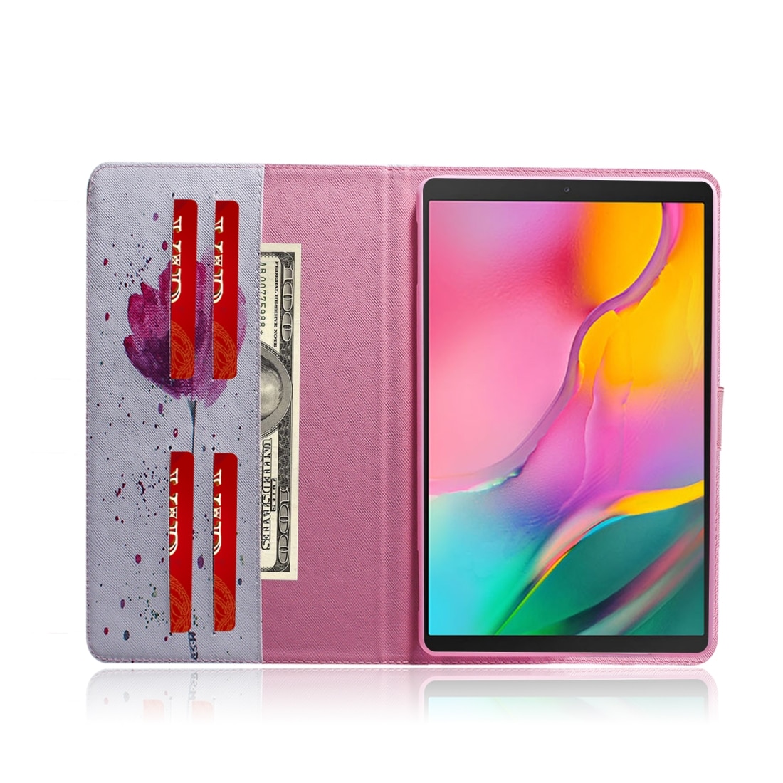 Husa tableta pentru Galaxy Tab A 10.1, 2019 T510 / T515, piele cu model orhidee mov, design flip orizontal, cu suport si sloturi pentru carduri, portofel