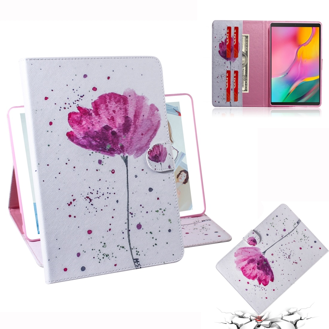 Husa tableta pentru Galaxy Tab A 10.1, 2019 T510 / T515, piele cu model orhidee mov, design flip orizontal, cu suport si sloturi pentru carduri, portofel