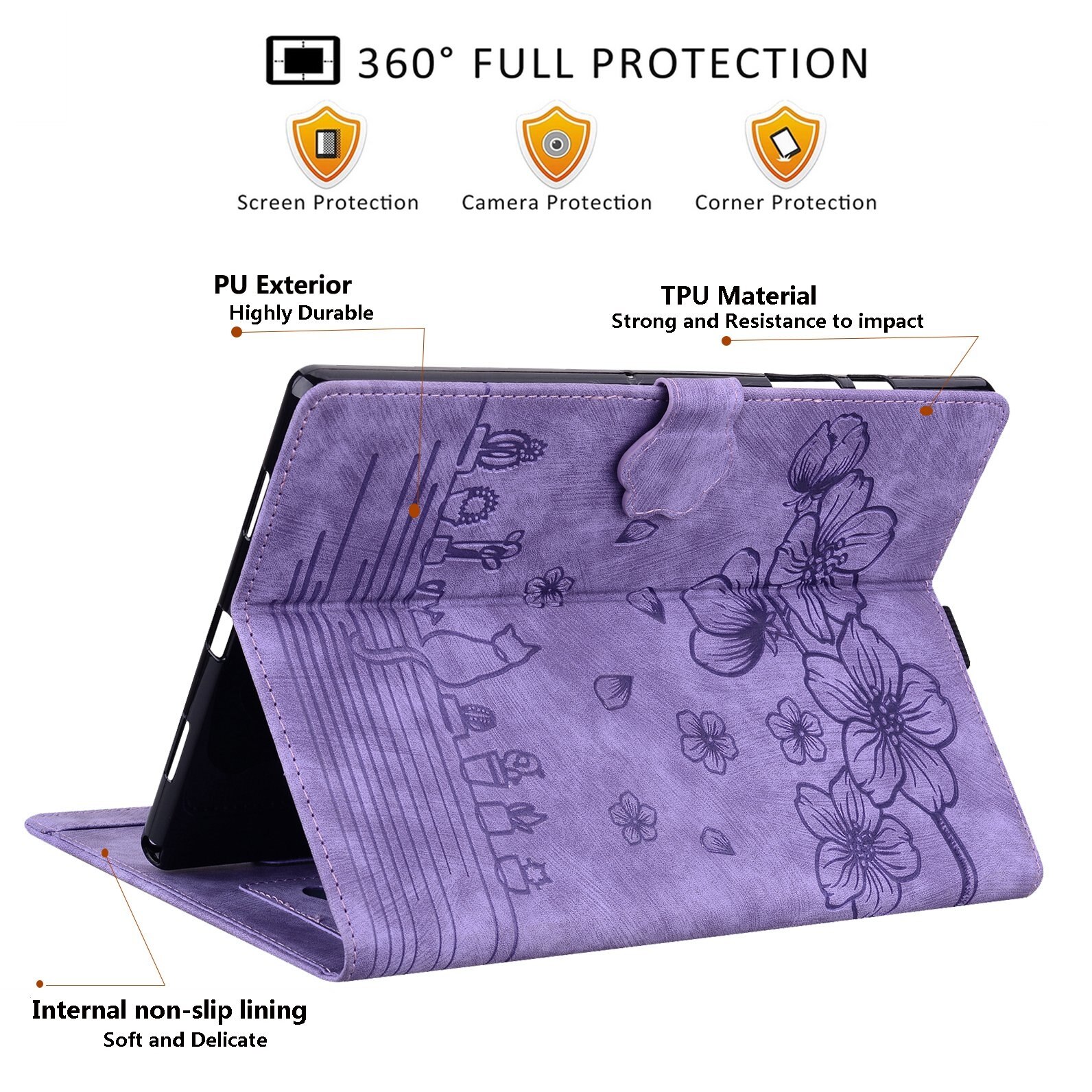 Husa tableta compatibila cu Samsung Galaxy Tab S9, piele smart cu motive de pisici si flori, mov