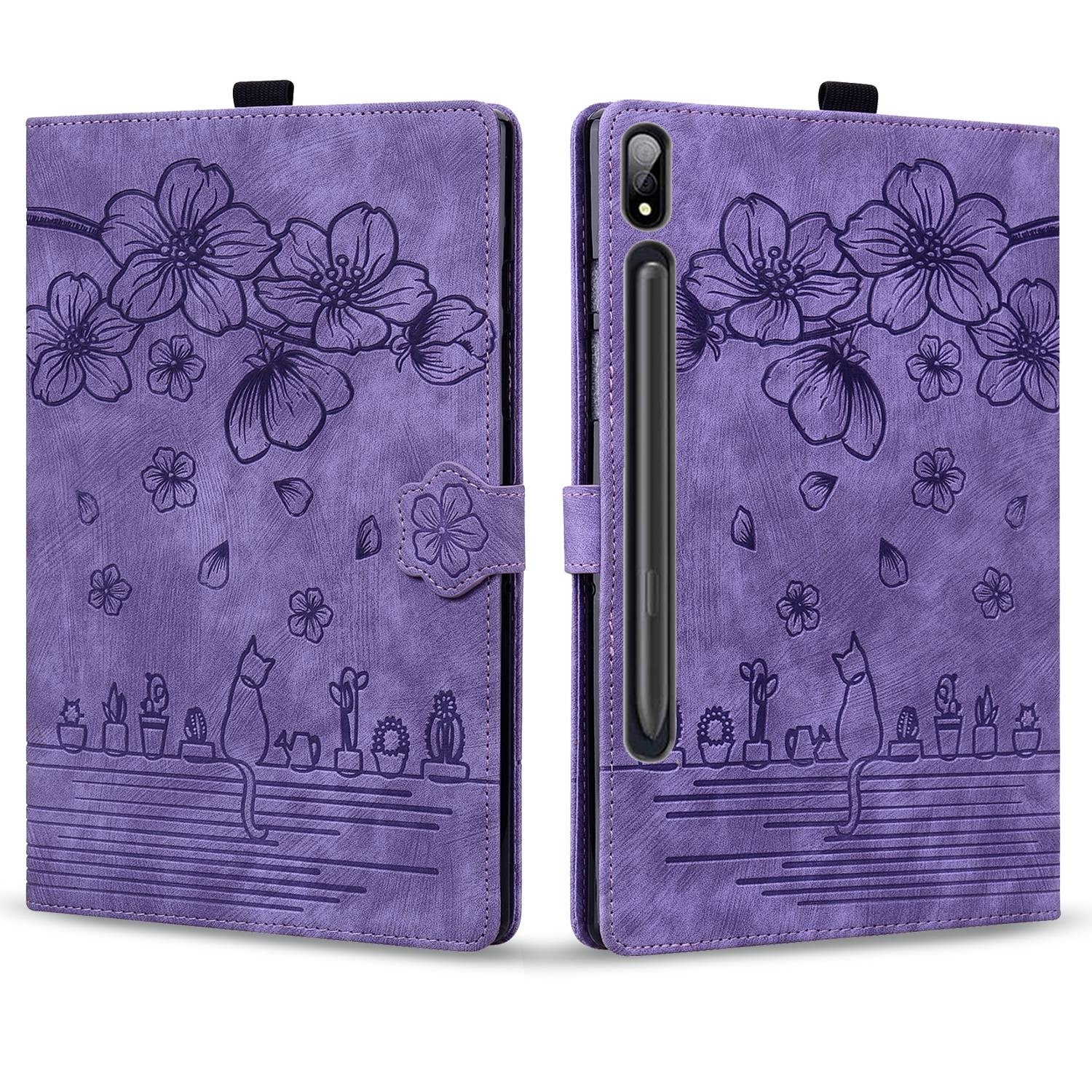Husa tableta compatibila cu Samsung Galaxy Tab S9, piele smart cu motive de pisici si flori, mov