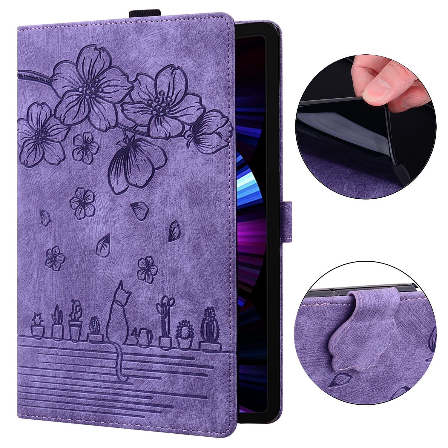 Husa tableta compatibila cu Samsung Galaxy Tab S9, piele smart cu motive de pisici si flori, mov