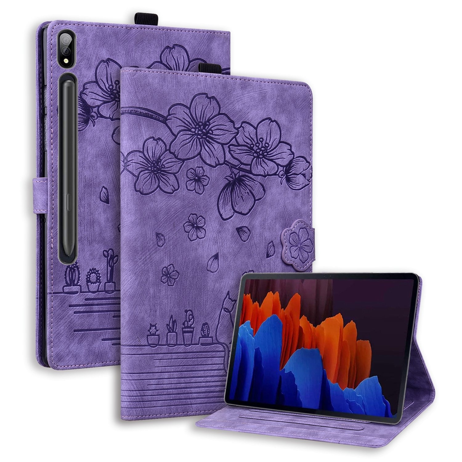 Husa tableta compatibila cu Samsung Galaxy Tab S9, piele smart cu motive de pisici si flori, mov