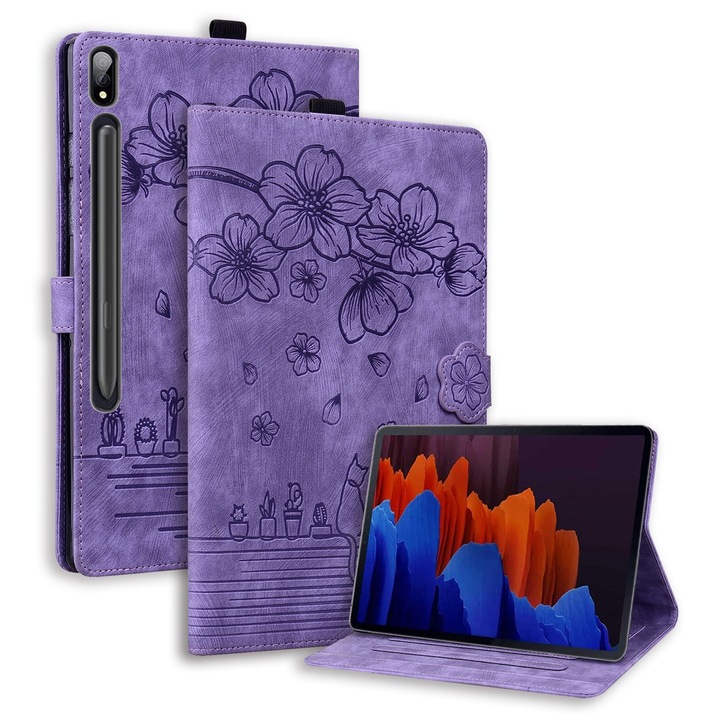 Husa tableta compatibila cu Samsung Galaxy Tab S9, piele smart cu motive de pisici si flori, mov