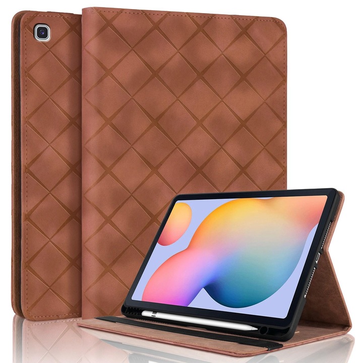 Husa tableta compatibila cu Samsung Galaxy Tab S6 Lite 2024, piele cu model embosat romb, smart case, marron