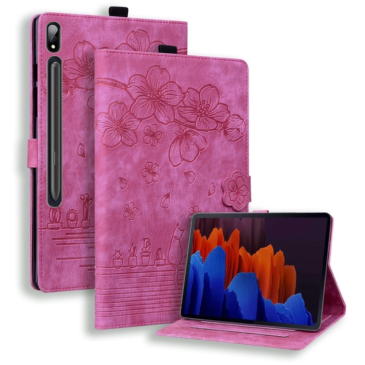 Husa tableta compatibila cu Samsung Galaxy Tab S9 / S8 / S7, piele inteligenta cu model de pisica sakura, rosu inchis