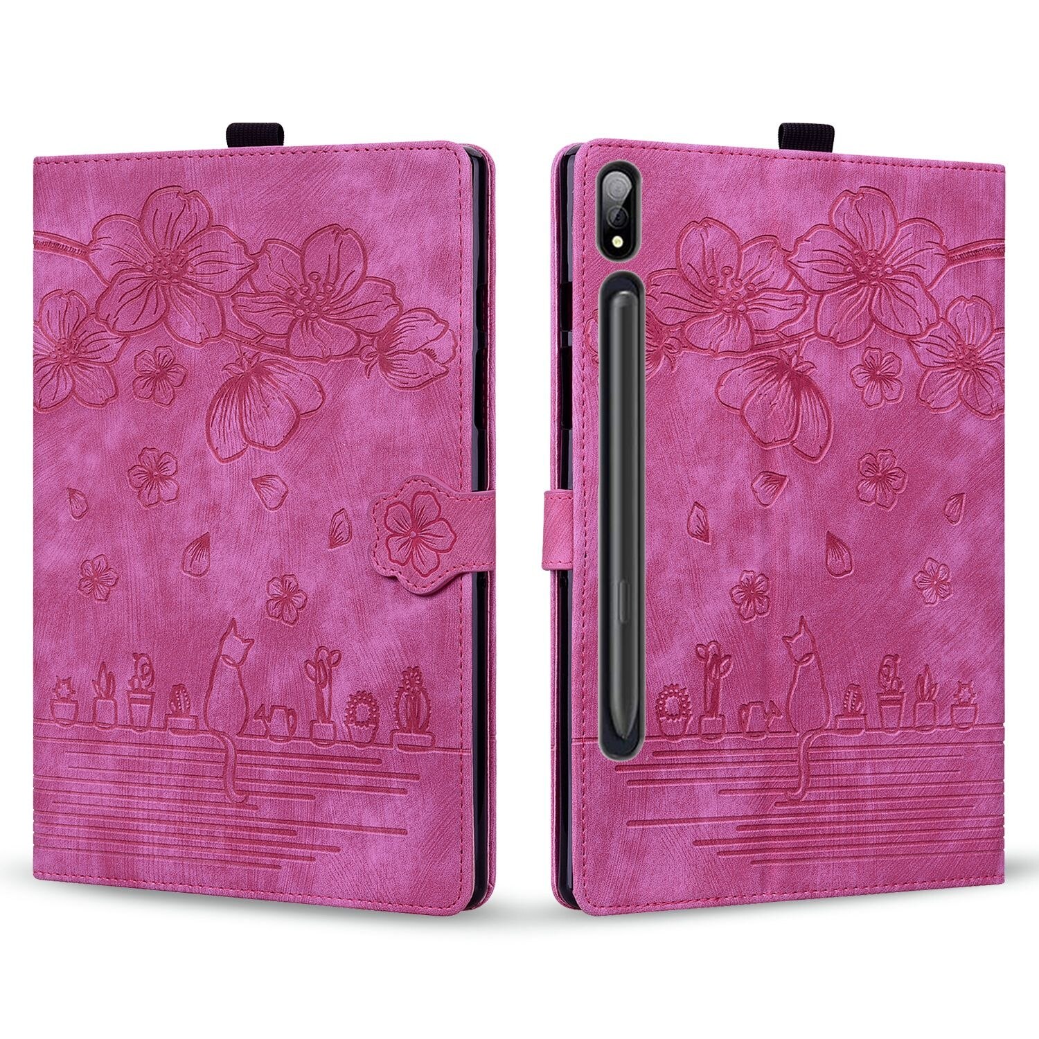Husa tableta compatibila cu Samsung Galaxy Tab S9 / S8 / S7, piele inteligenta cu model de pisica sakura, rosu inchis