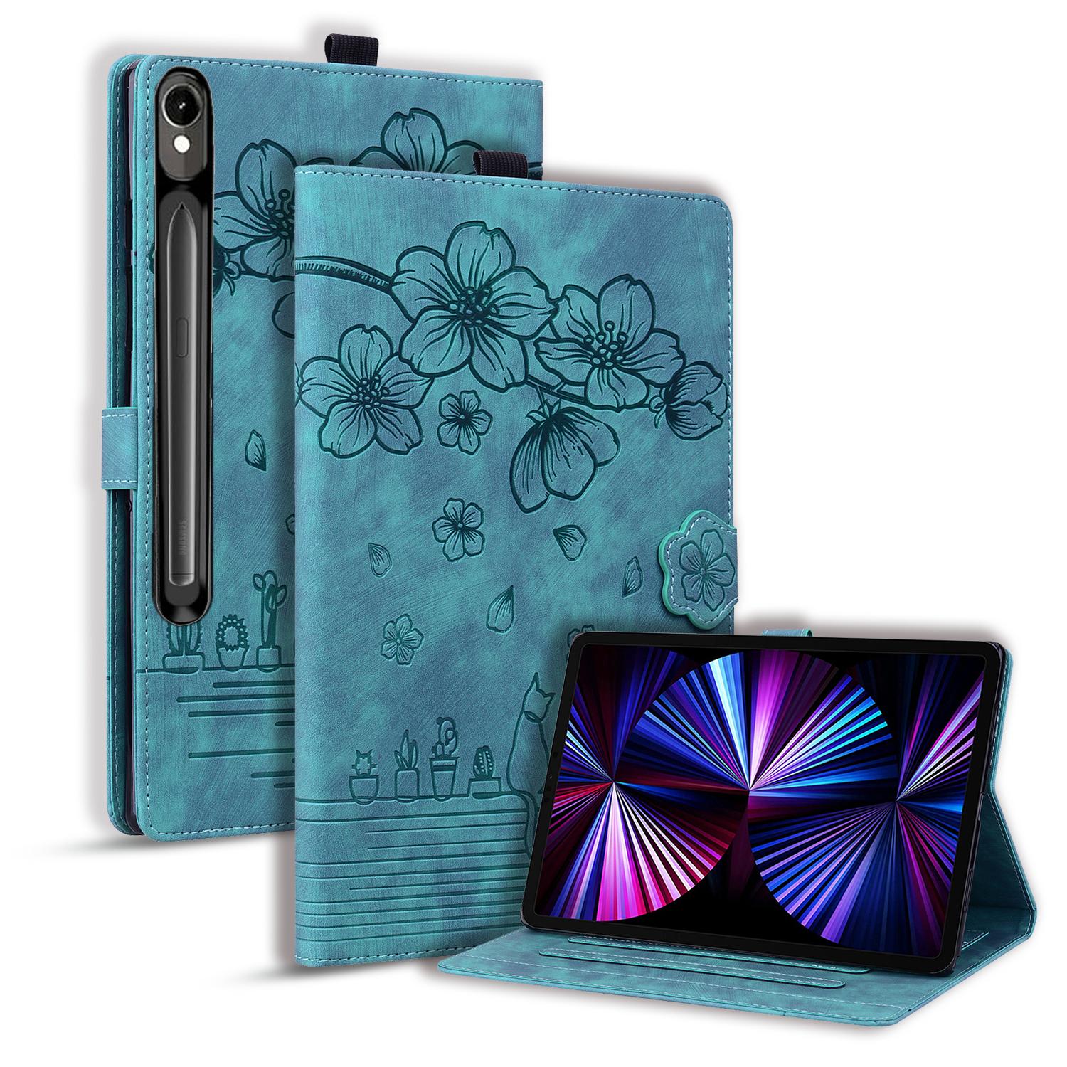 Husa tableta compatibila cu Samsung Galaxy Tab S10 FE, piele gravata cu motisor de cires, carton, albastru