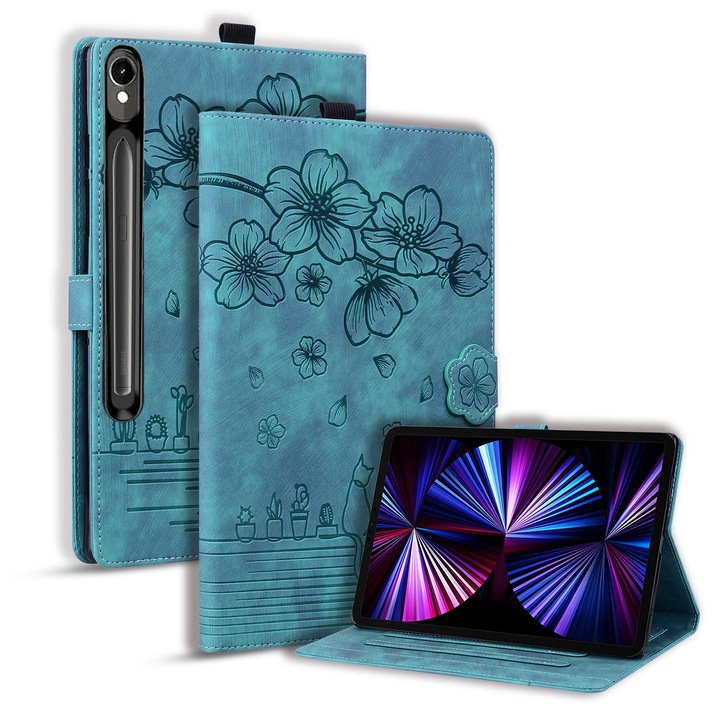 Husa tableta compatibila cu Samsung Galaxy Tab S10 FE, piele gravata cu motisor de cires, carton, albastru