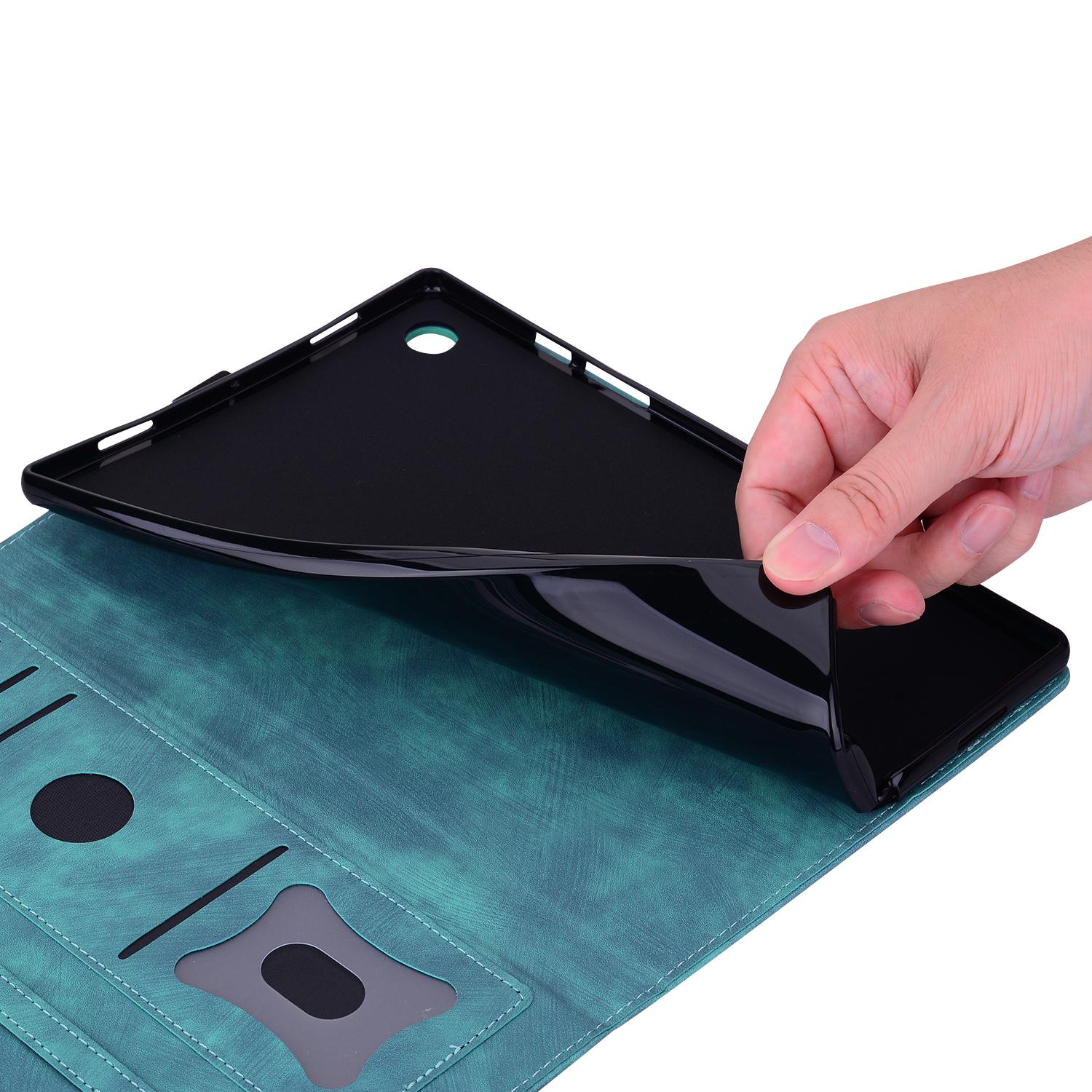 Husa tableta compatibila cu Samsung Galaxy Tab S10 FE, piele gravata cu motisor de cires, carton, albastru