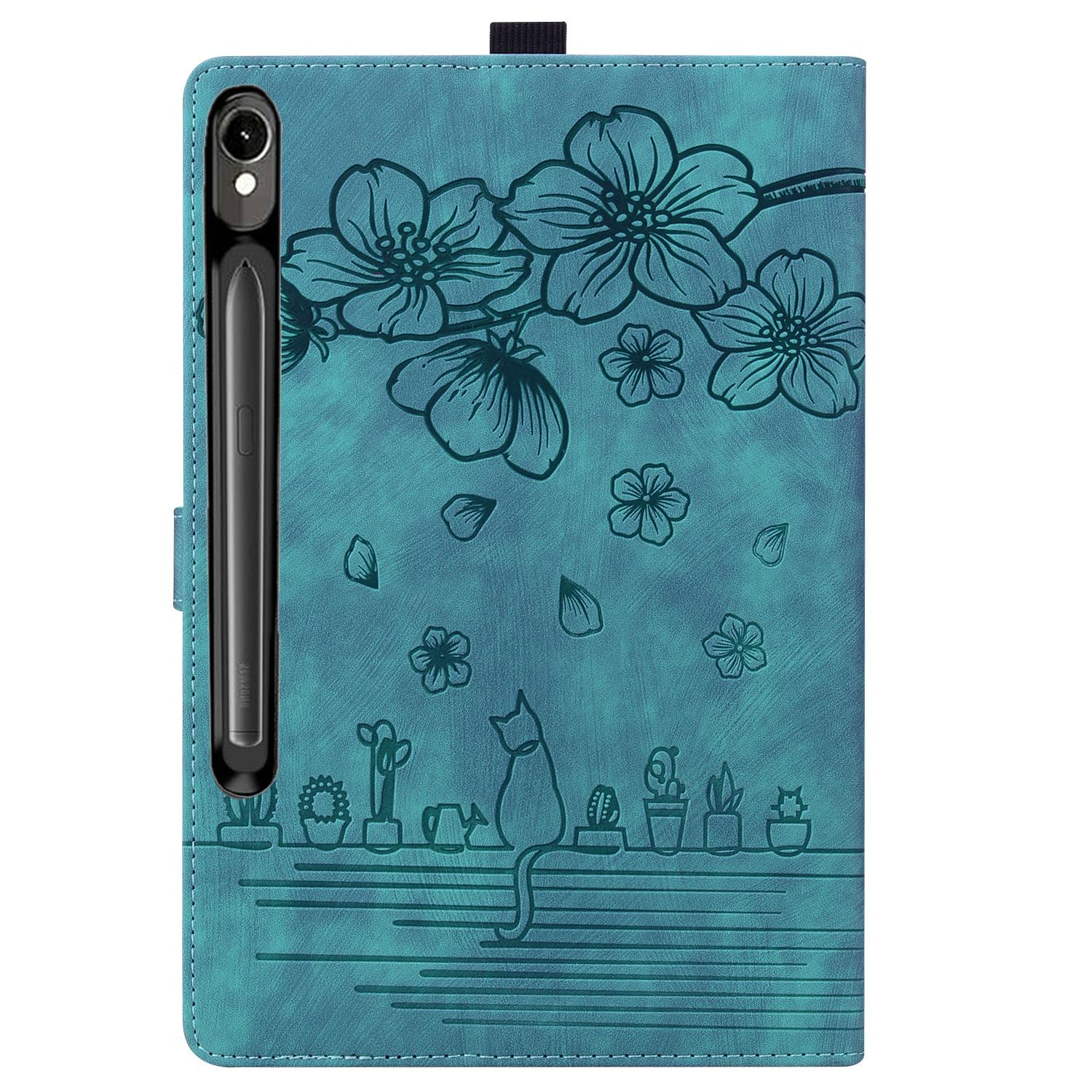 Husa tableta compatibila cu Samsung Galaxy Tab S10 FE, piele gravata cu motisor de cires, carton, albastru