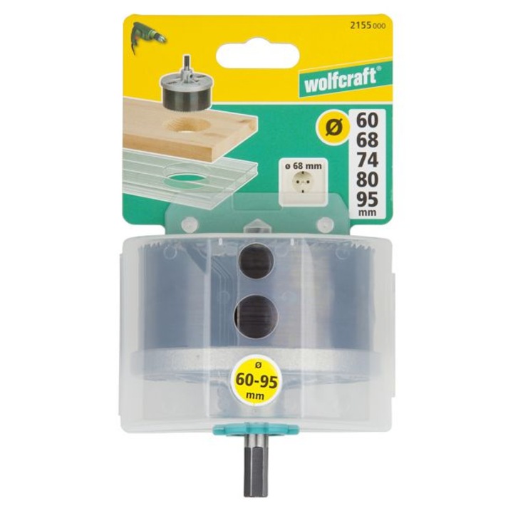 Set carote de debitare super Wolfcraft 2155000, diametre multiple:D 60, 68, 74, 80, 95 mm, adancime de taiere 40 mm, tija hexagonala